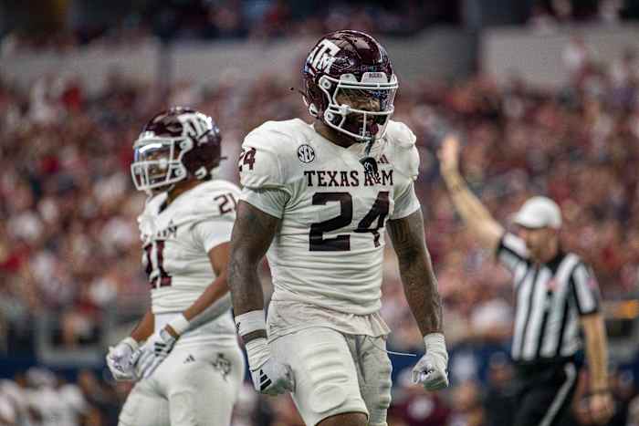 Sep 30, 2023; Arlington, Texas, USA; Texas A&M Aggies linebacker Chris Russell Jr. (24) In action during the game between the Texas A&M Aggies and the Arkansas Razorbacks at AT&T Stadium
